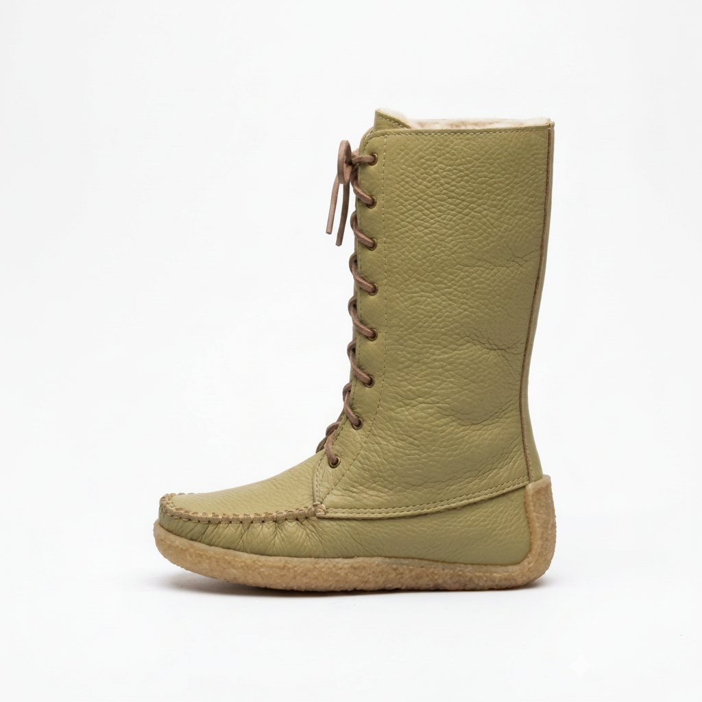 Green lace-up boot on a white background