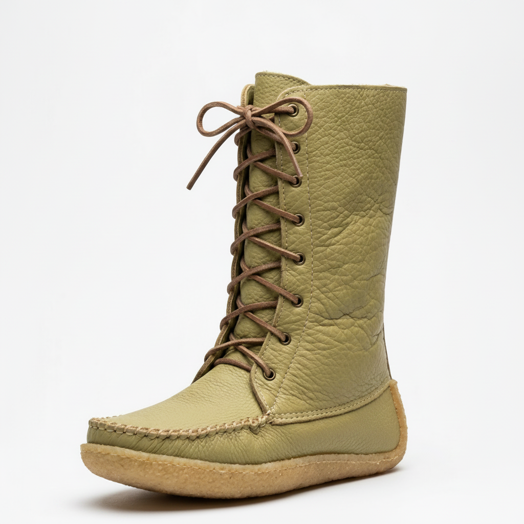 Deer tan leather boot with brown laces on a white background