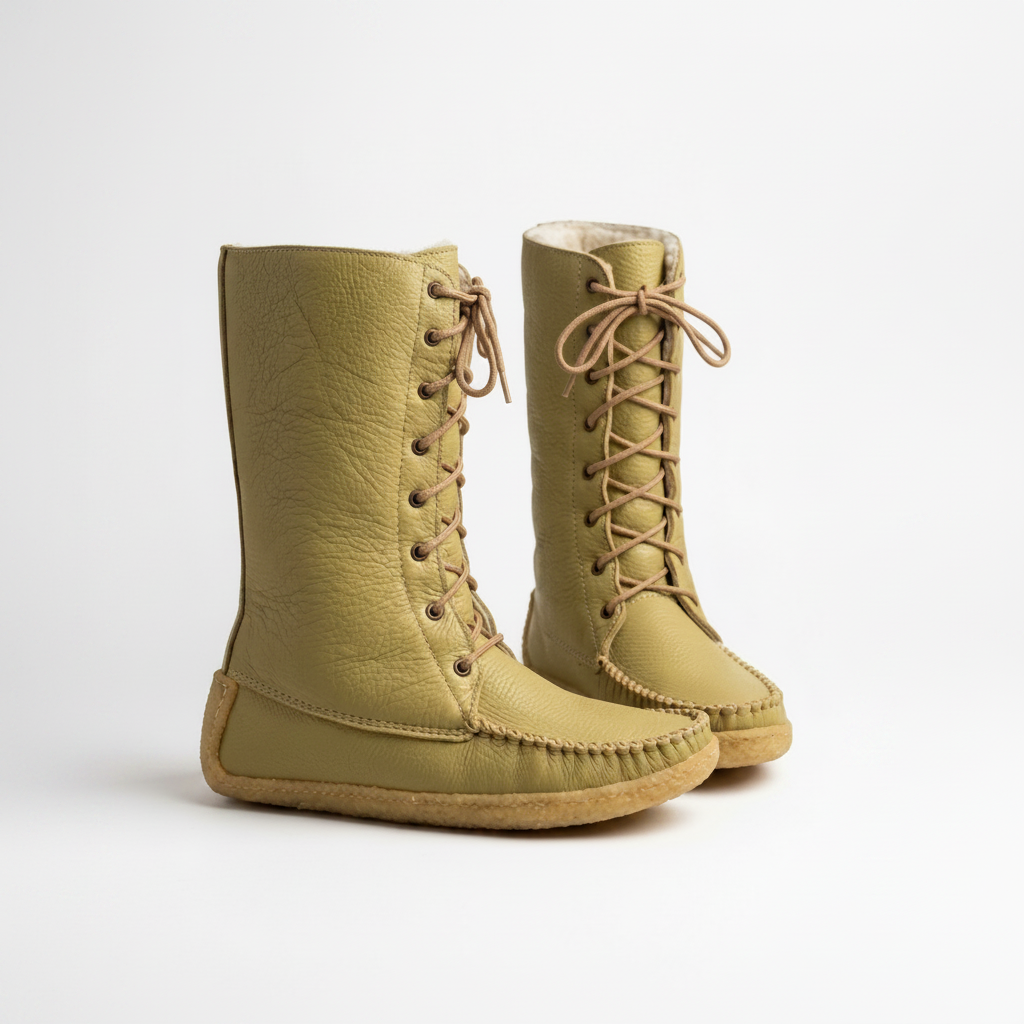 Pair of green lace-up boots on a white background