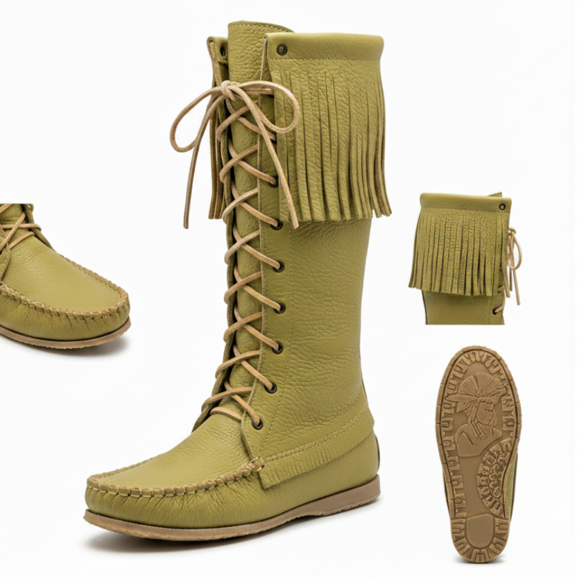 Green knee-high boots with fringes and laces on a white background