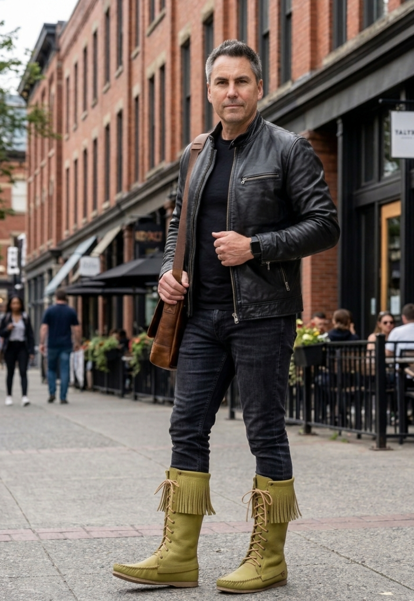 Man wearing a leather jacket and yellow boots on a city street.