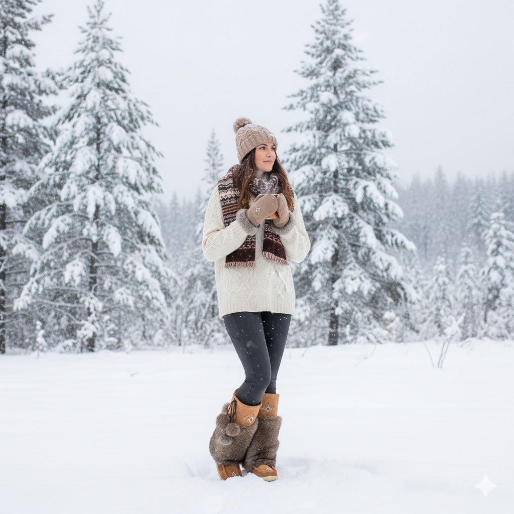 Woman in winter clothing standing in a snowy forest