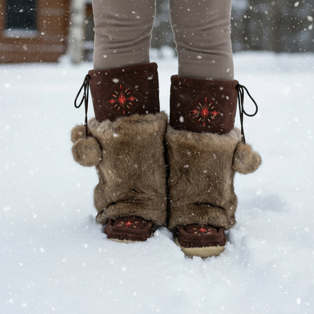 Brown winter boots with fur trim worn in the snow