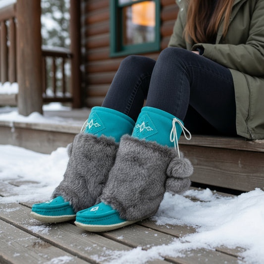 Person wearing teal boots with gray fuzzy covers sitting on a wooden deck in the snow.