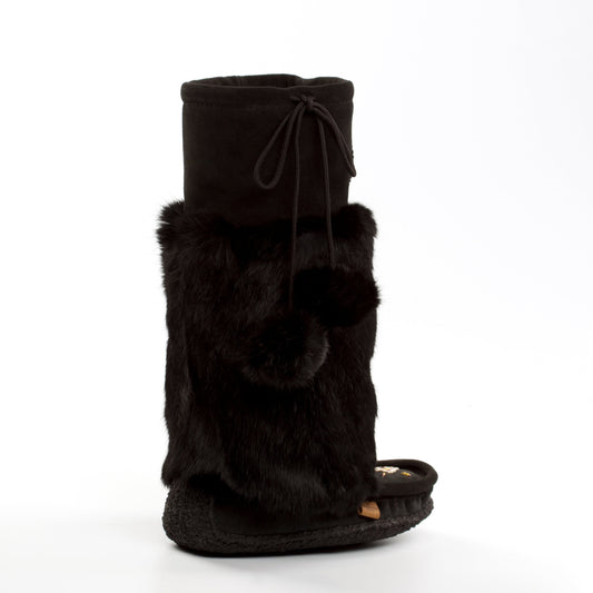 Black boot with fur trim on a white background