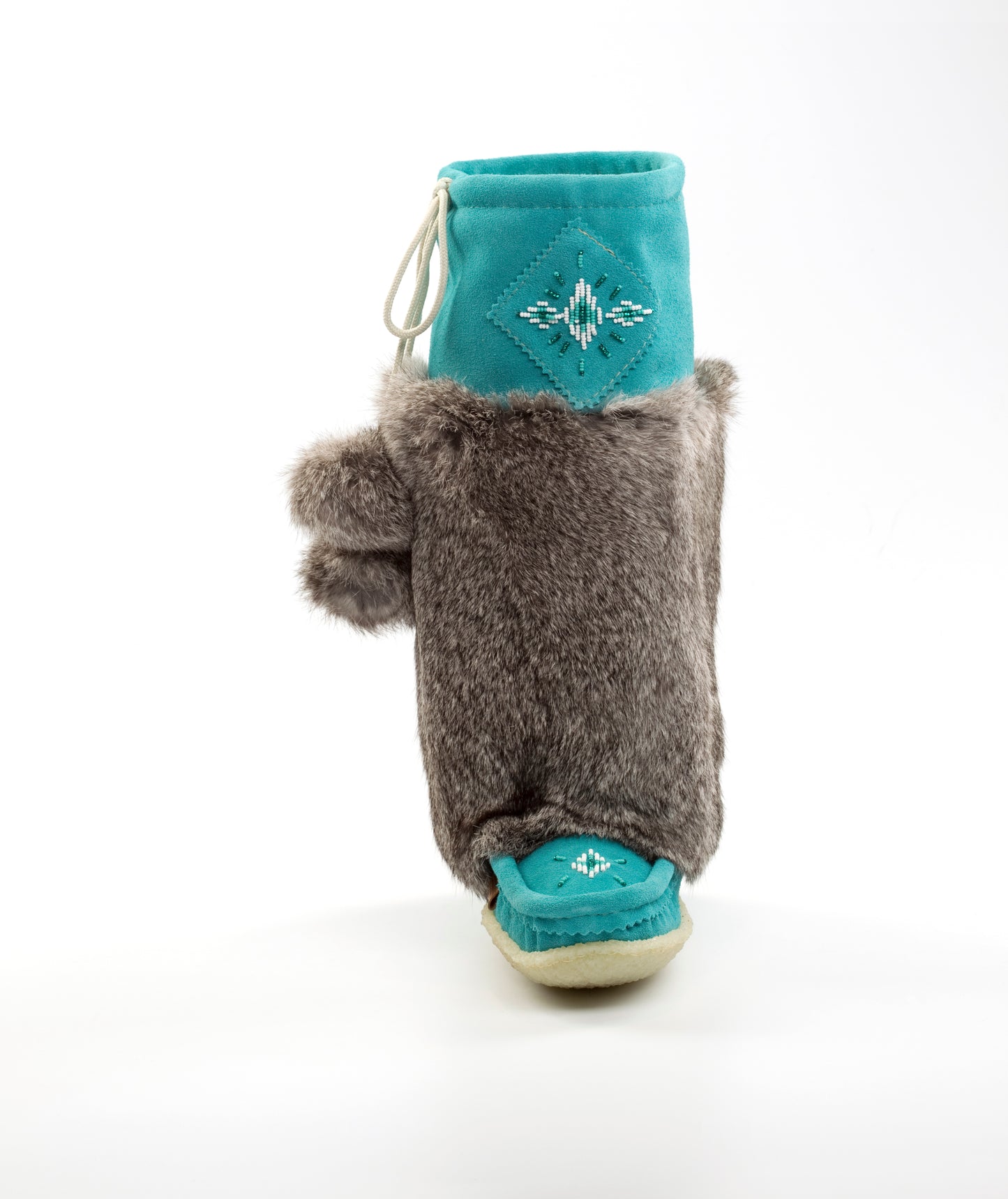 Gray rabbit fur mukluks with teal suede  on a white background
