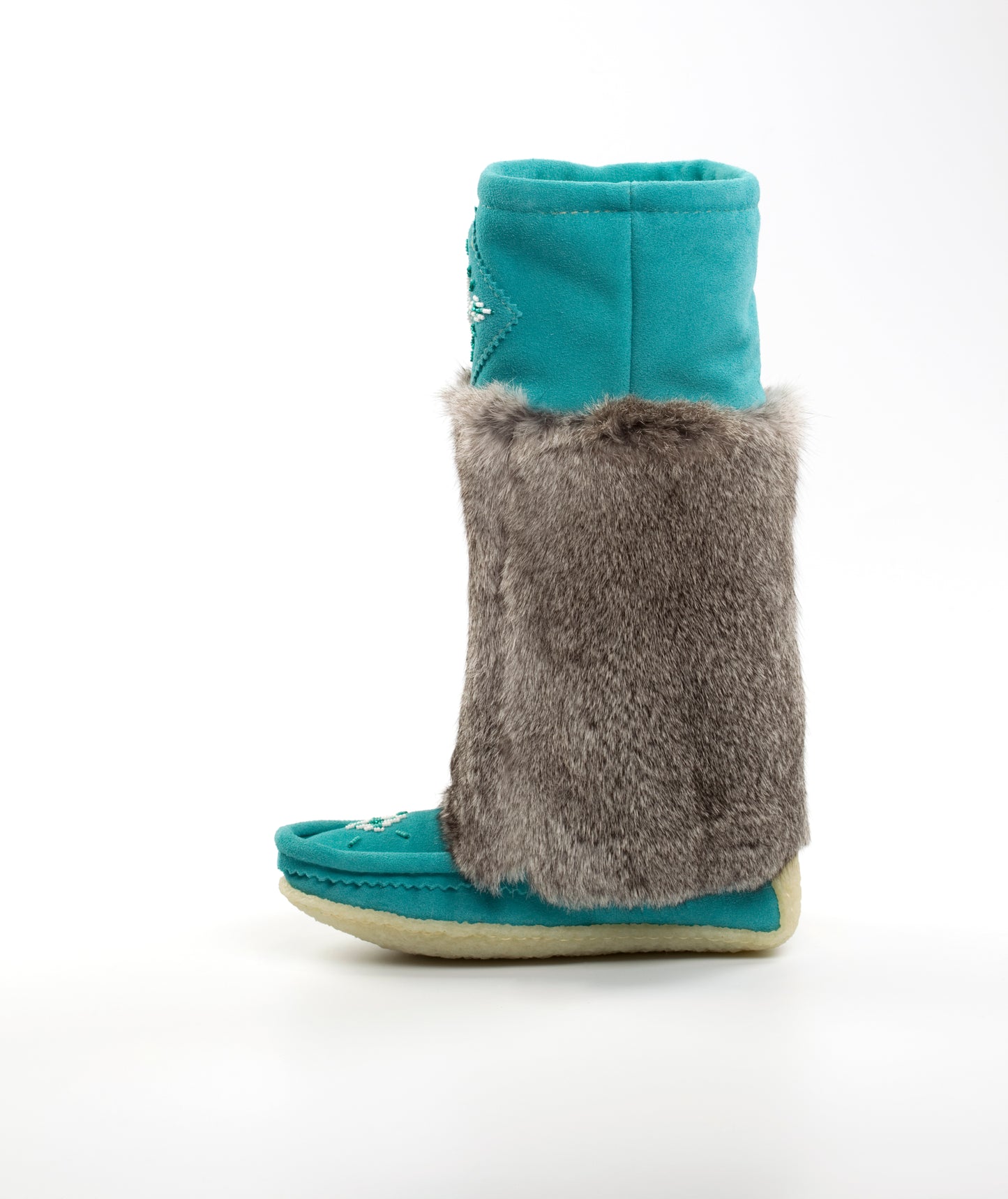 Laurentian Chief 15" Tall Turquoise Suede Mukluks | Turquoise Beaded Rabbit Fur