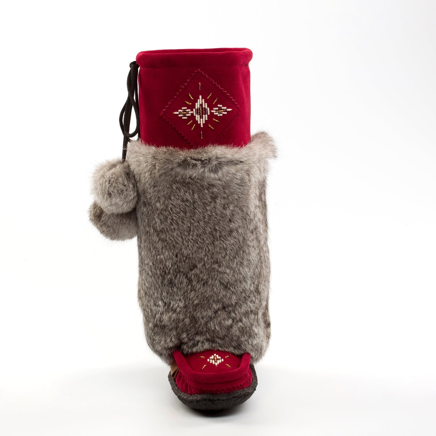 Gray rabbit fur Mukluks with burgundy suede and black gum sole 