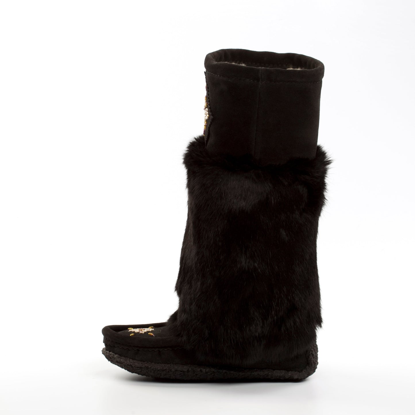 Black moccasin-style boot with fur trim on a white background