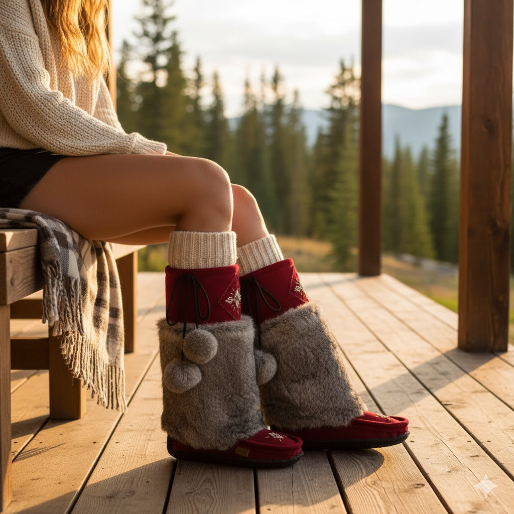Laurentian Chief 15" Tall Burgundy Suede Mukluks | Regular Beaded Grey Rabbit Fur