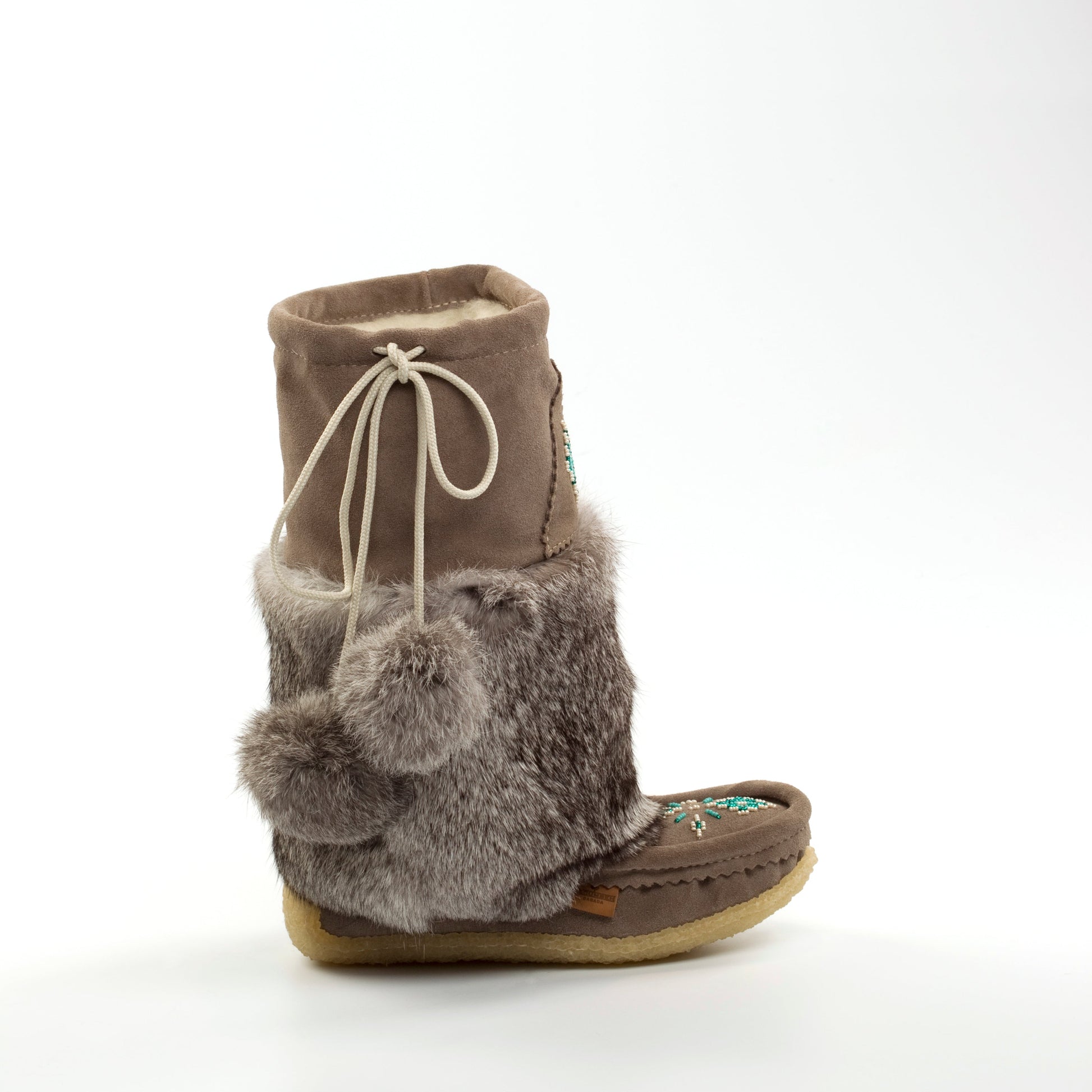 grey slip-on mukluks with wool lining on a white background