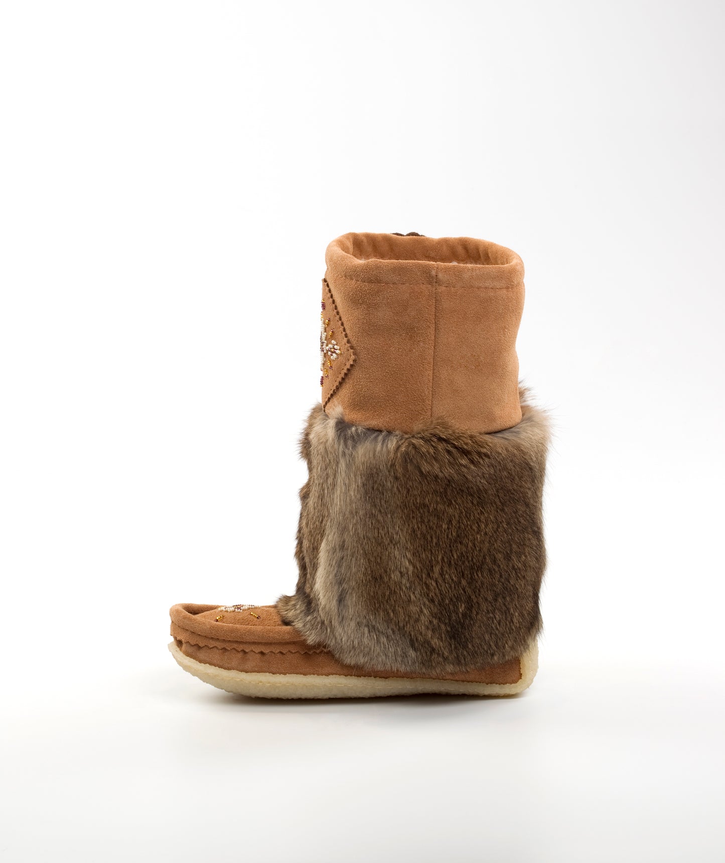 Brown boot with fur shaft on a white background