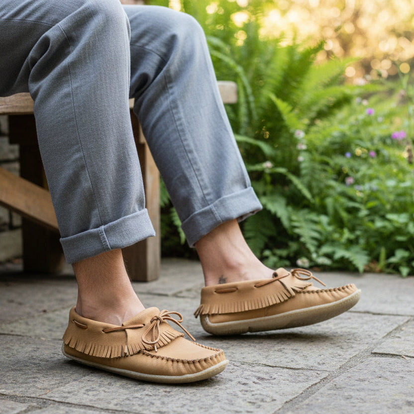 Tan moccasin shoe with fringes on a white background
