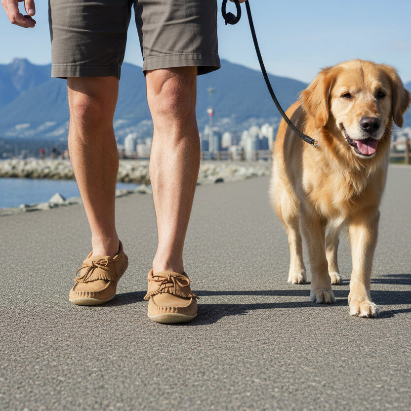 Person walking a dog on a leash with a cityscape and mountains in the background