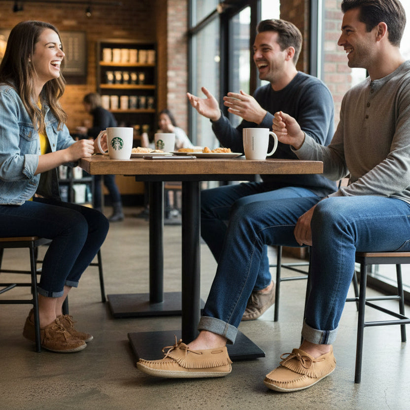 Three people sitting at a table in a cafe, engaged in conversation.