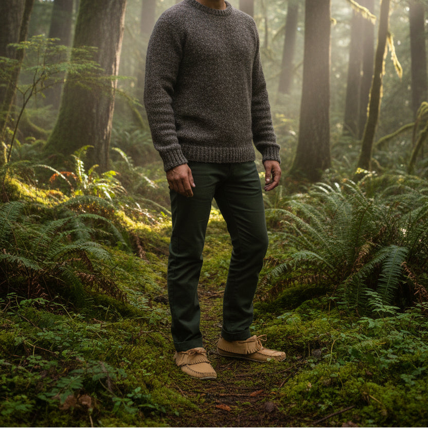 Man standing in a forest with sunlight filtering through the trees