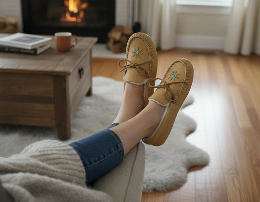 Person wearing yellow moccasin shoes in a cozy living room with a fireplace.