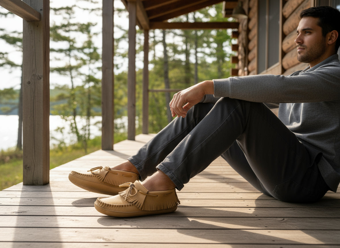 Man sitting on a wooden deck wearing tan moccasins with a scenic background.