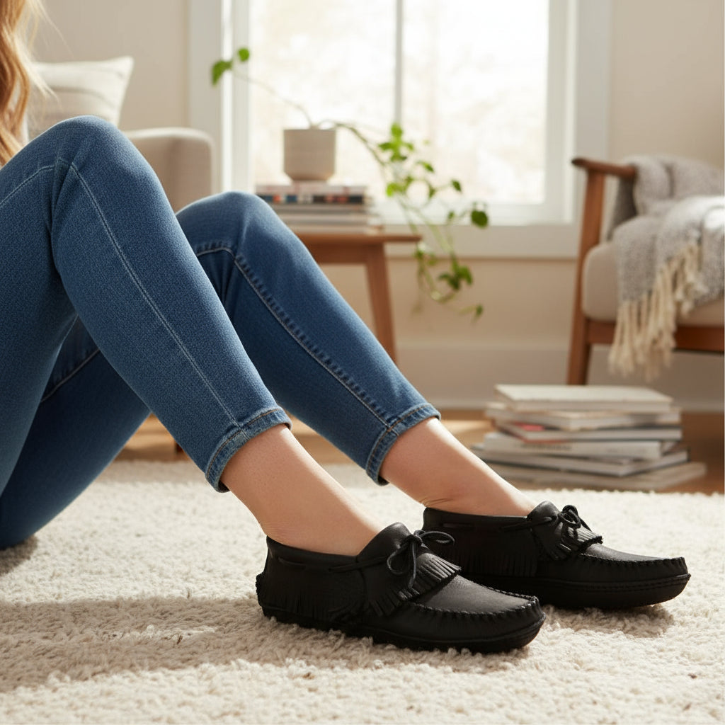 Black moccasin shoe with fringes on a white background