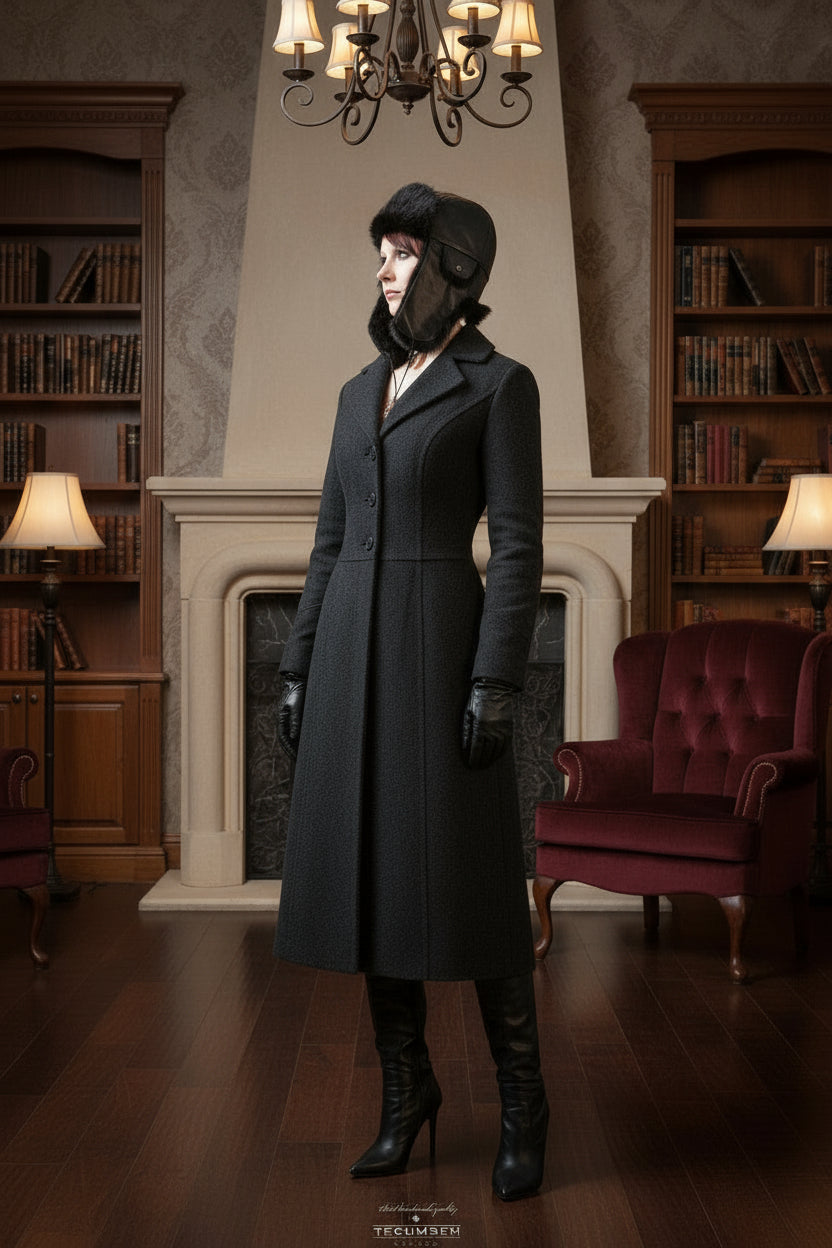 Person in a long dark coat standing in a room with bookshelves and a chandelier.