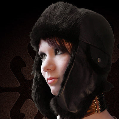 Tecumseh Canada Black Rabbit Fur Bomber Hat in Black Leather- Handcrafted in Canada