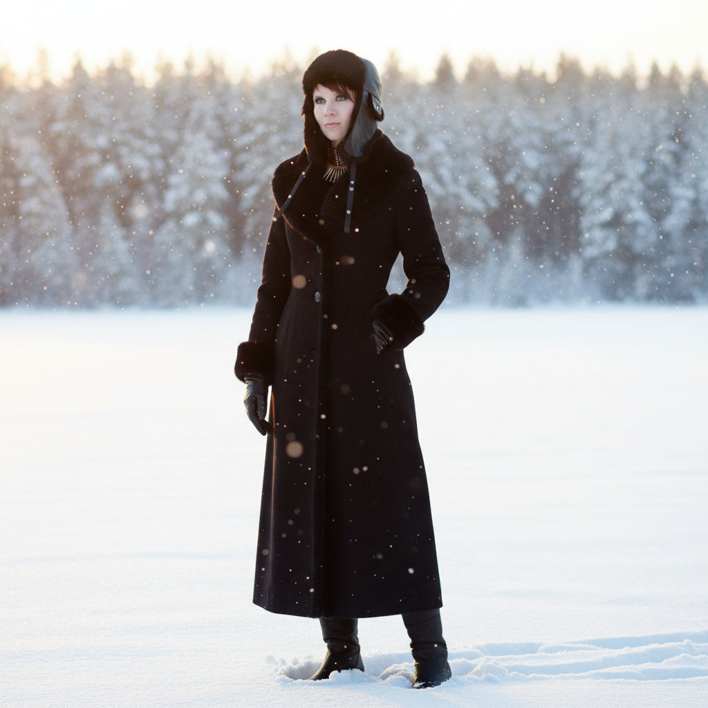 Person wearing a long black coat standing in a snowy landscape with trees in the background.