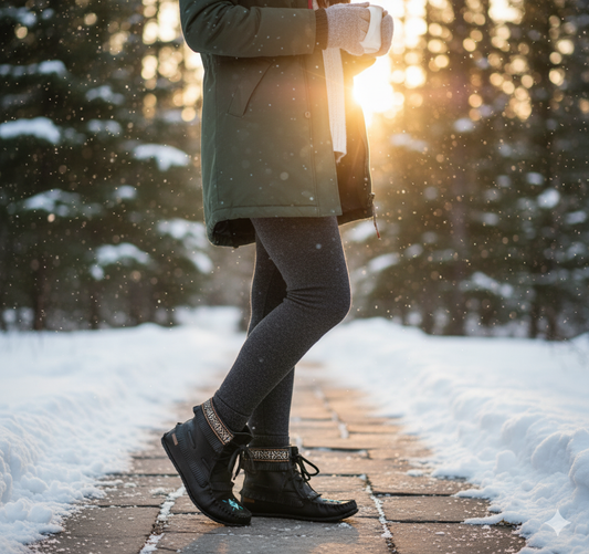 Person walking on a snowy path with trees in the background during sunset wearing moccasins 