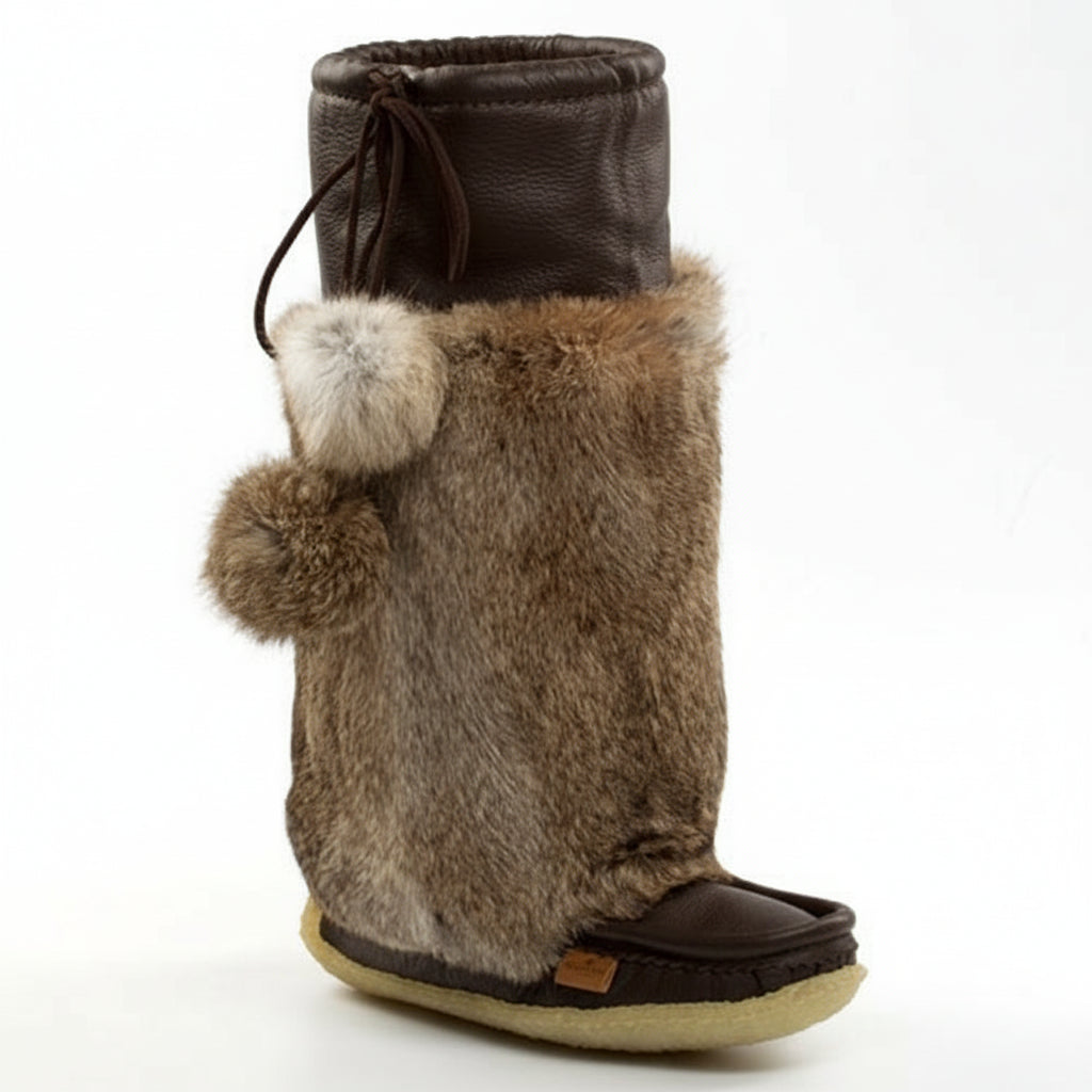 Brown furry boot with pom-poms on a white background