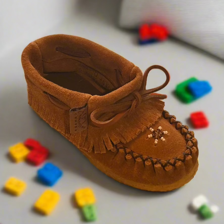 Children's Papoose Dark Tan Suede Moccasins