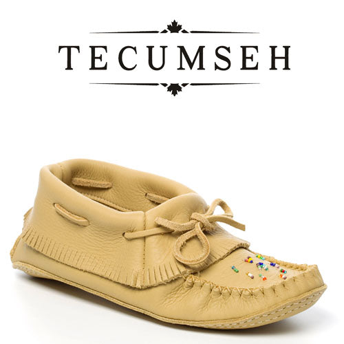 Tecumseh Canada Leather Papoose Fringed Moccasins With Handsewn Glass Beaded Vamp