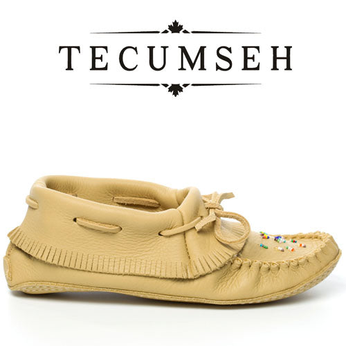 Tecumseh Canada Leather Papoose Fringed Moccasins With Handsewn Glass Beaded Vamp