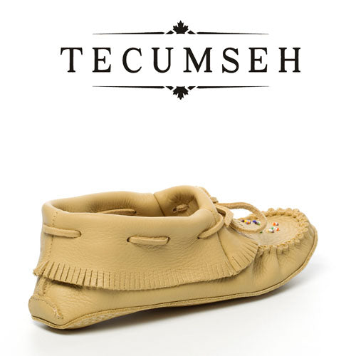 Tecumseh Canada Leather Papoose Fringed Moccasins With Handsewn Glass Beaded Vamp