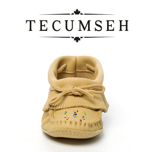 Tecumseh Canada Leather Papoose Fringed Moccasins With Handsewn Glass Beaded Vamp