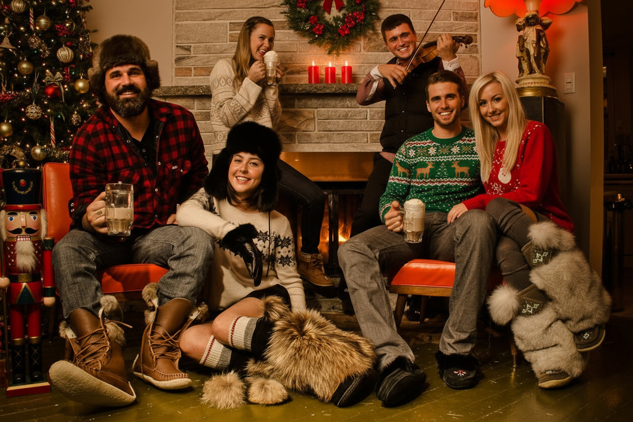 Group of people in a festive setting with Christmas decorations, sitting around a fire. Wearing Canadian Moccasins, and clothing