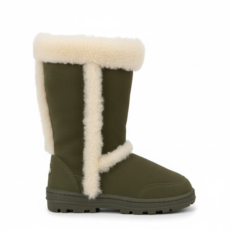 Green winter boot with white fur trim on a white background