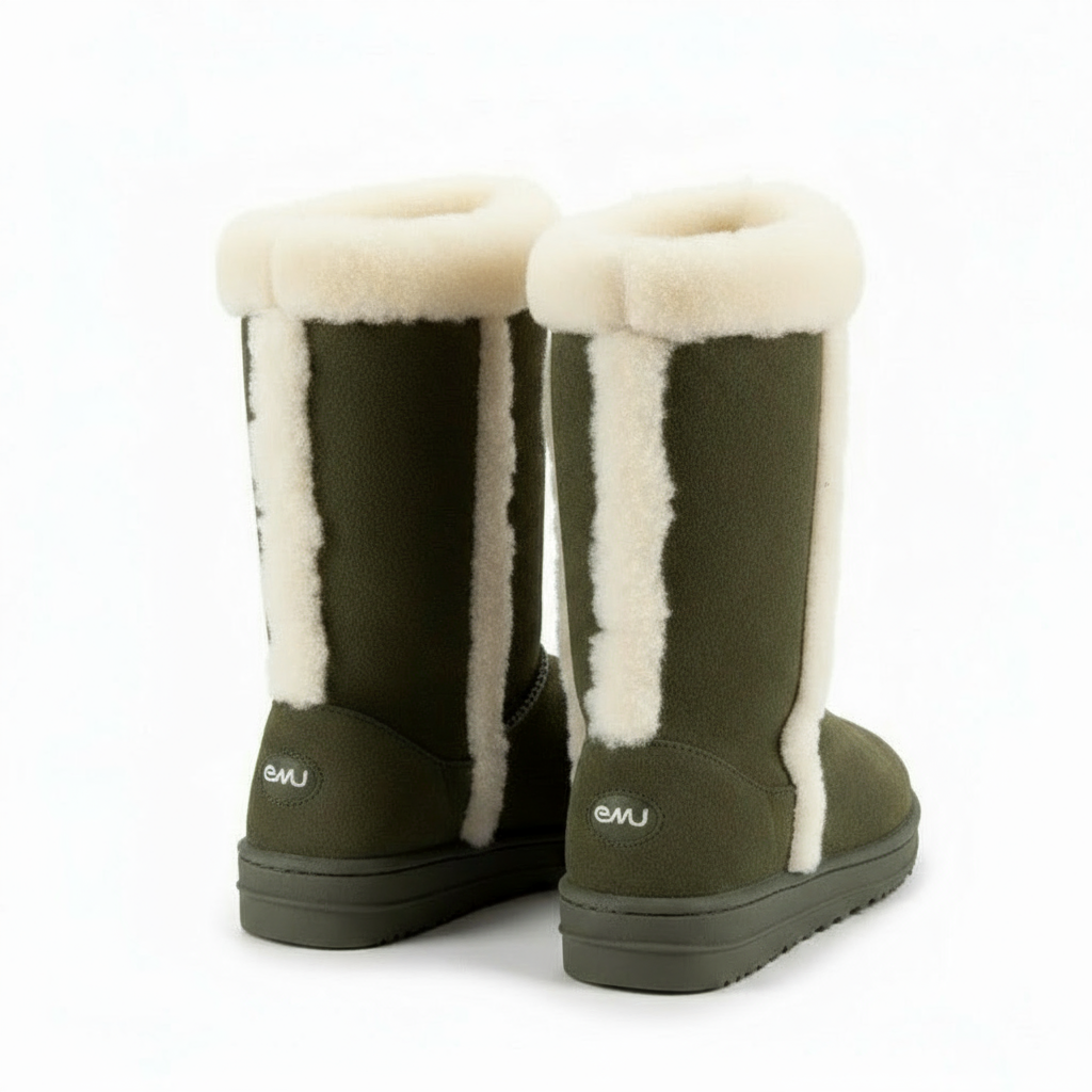 Green winter boots with white fur lining on a white background