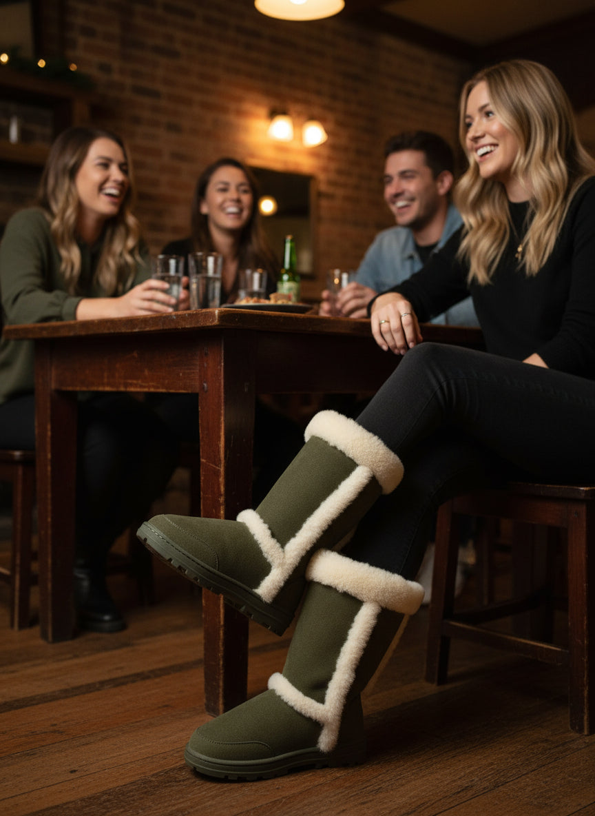 Person wearing green UGG boots with white fur trim sitting at a table with friends.
