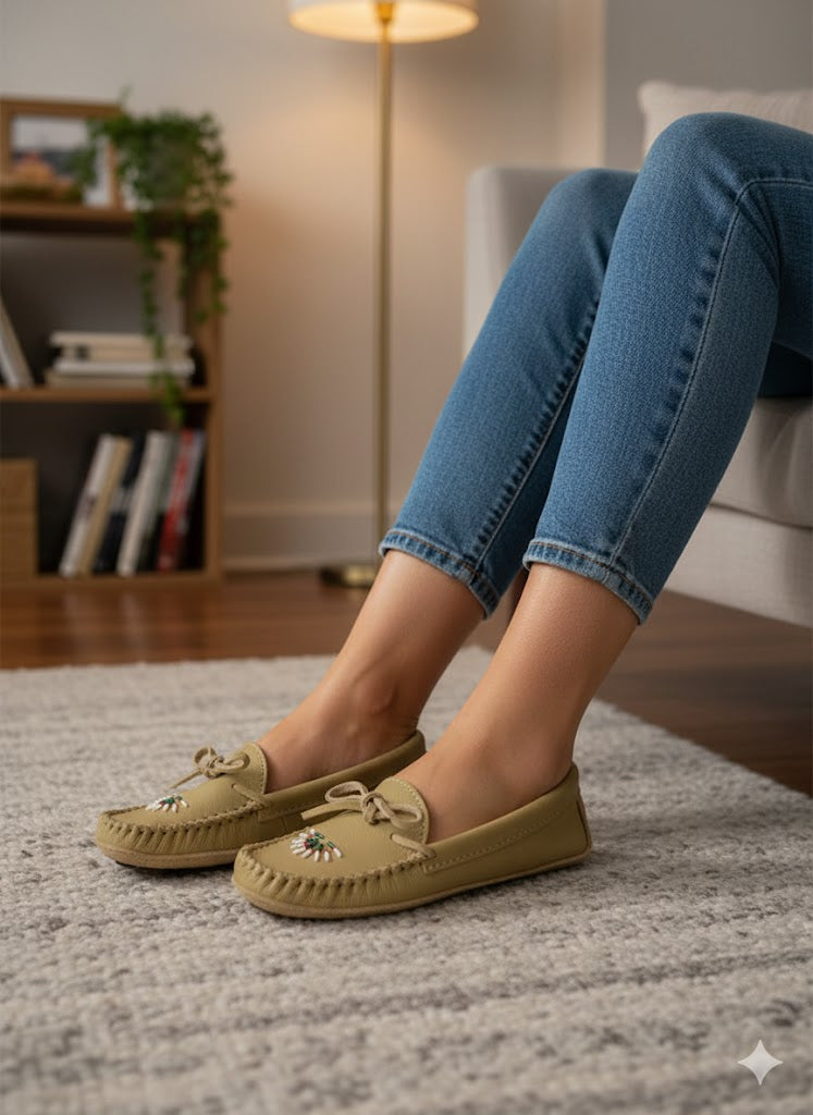 Women's Laurentian Chief Deer Tan Leather Moccasins with double Leather Ski Sole And Sunrise Beaded Vamp