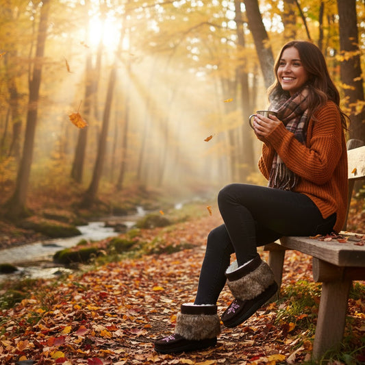 Woman sitting on a bench in a forest during autumn, holding a mug.
