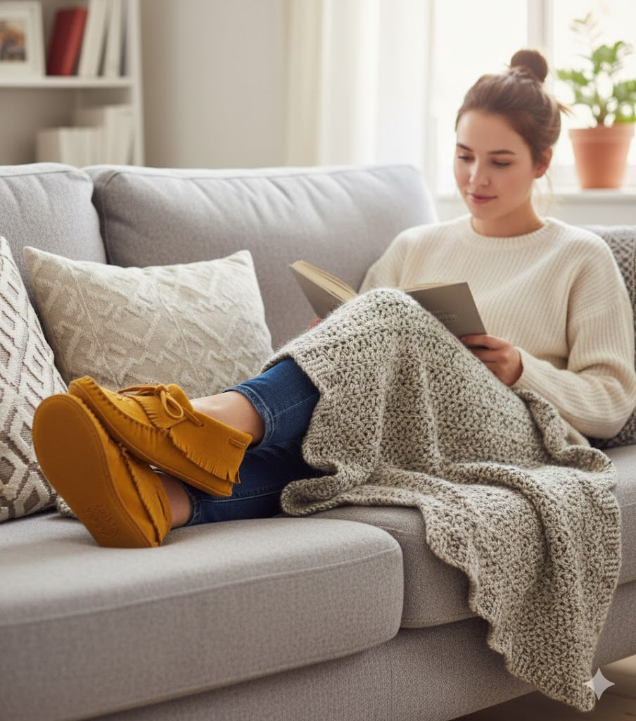 Woman reading a book on a couch with a blanket and yellow shoes.