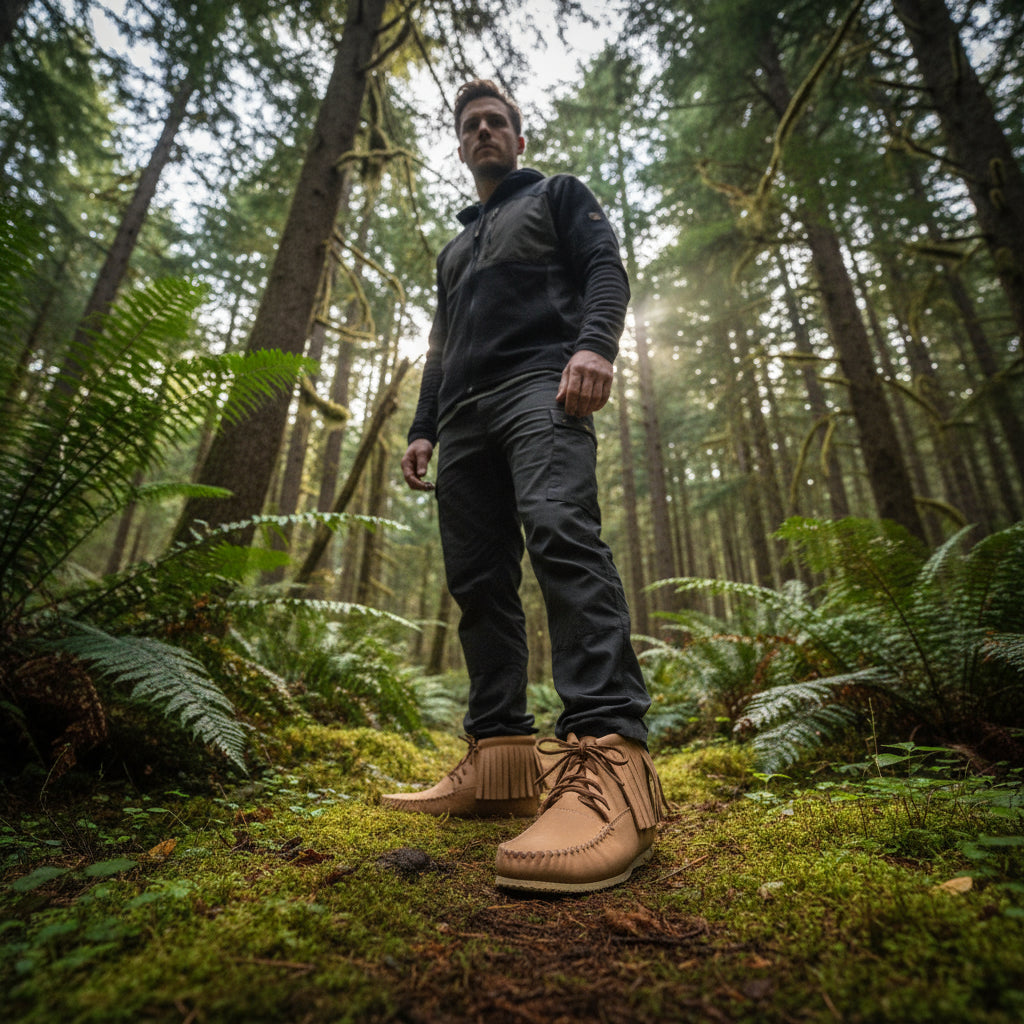 Pair of tan leather shoes with fringes in a bc forest