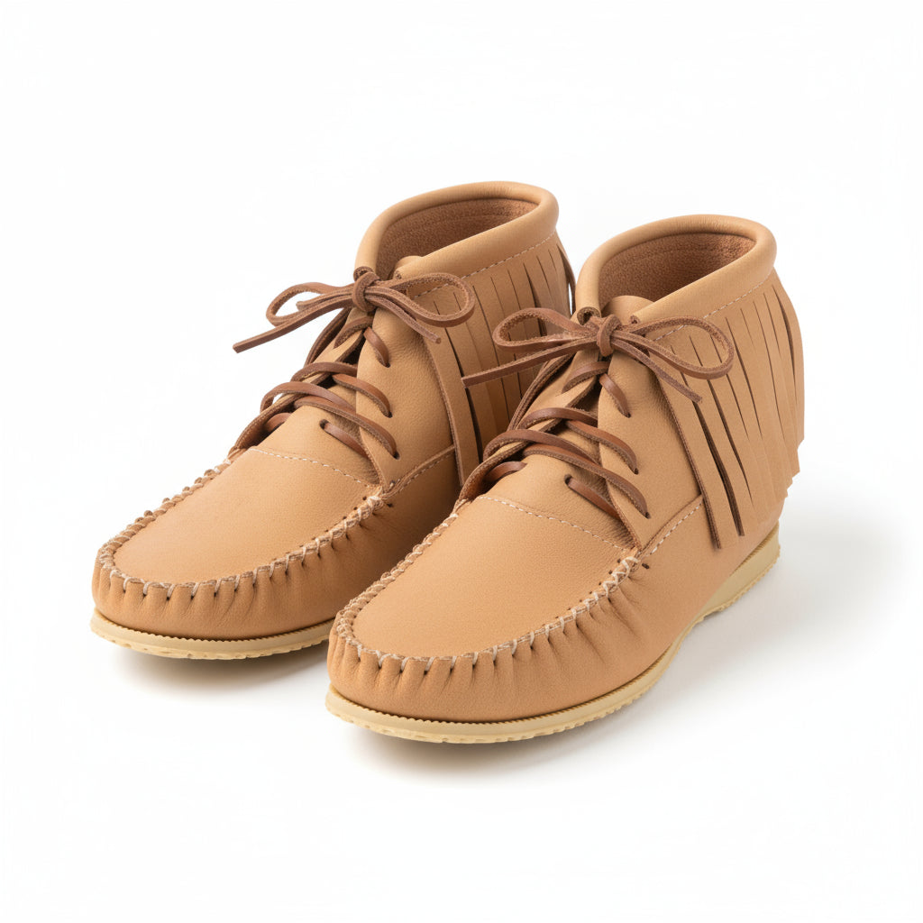 Pair of tan leather shoes with fringes on a white background