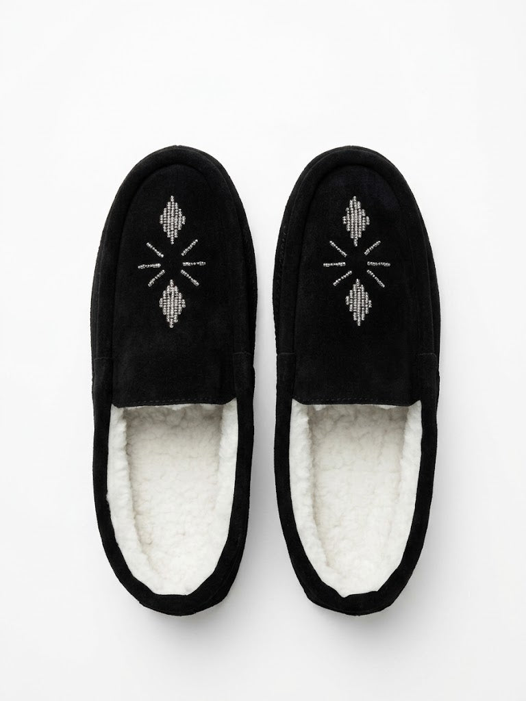 A pair of black slip-on slippers with white sherpa lining and silver geometric embroidered details on the top, shown from a top-down view on a white background.