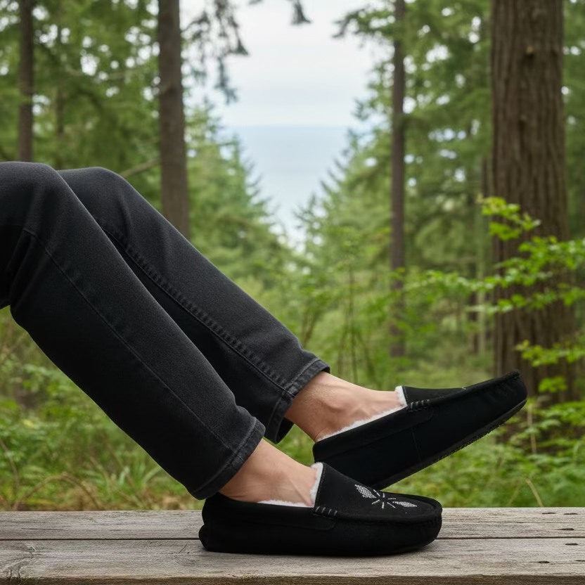 A pair of black slip-on moccasins with white sherpa lining and embroidered snowflake designs on the soles, displayed on a white tabletop.