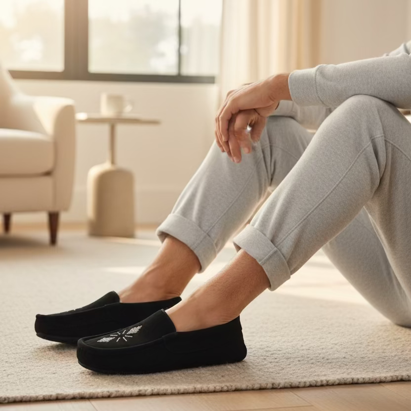 A pair of black slip-on moccasin-style slippers with white sherpa lining and silver snowflake embellishments, displayed on a light-colored tabletop.