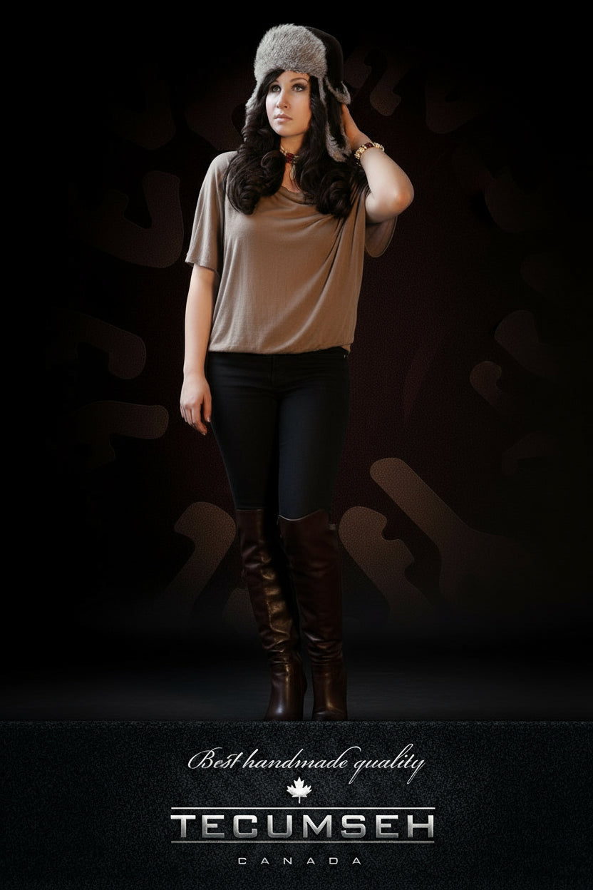 Tecumseh Canada Grey Rabbit Fur Bomber Hat in Brown Leather- Handcrafted in Canada