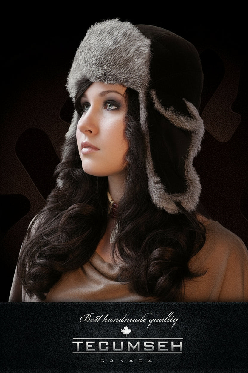 Tecumseh Canada Grey Rabbit Fur Bomber Hat in Brown Leather- Handcrafted in Canada