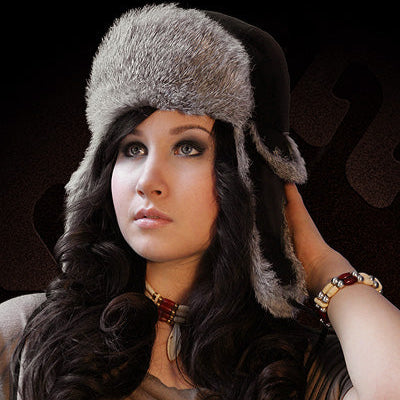 Tecumseh Canada Grey Rabbit Fur Bomber Hat in Brown Leather- Handcrafted in Canada