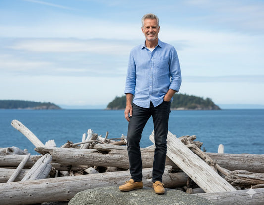 Man standing on a pile of driftwood with a scenic ocean view in the background