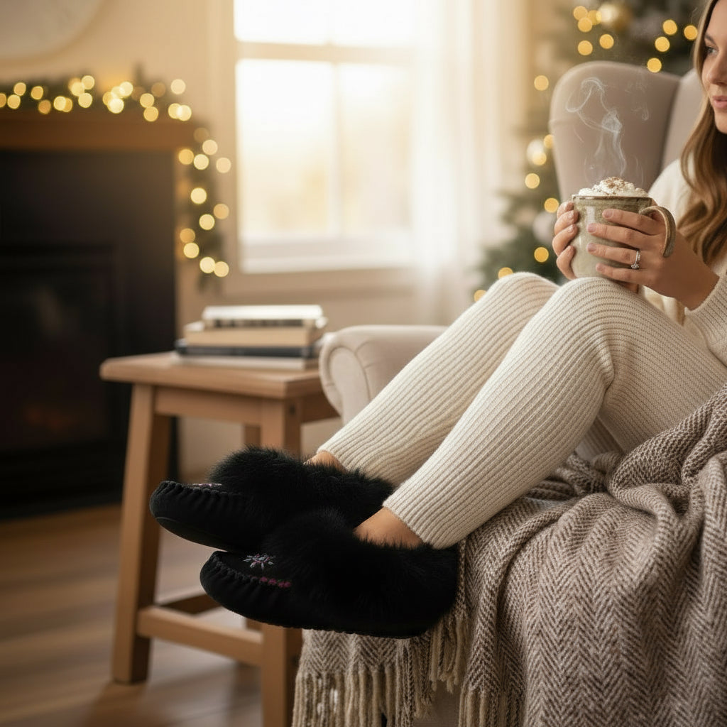Women's Black Suede Beaded Moccasins With Rabbit Fur Trim